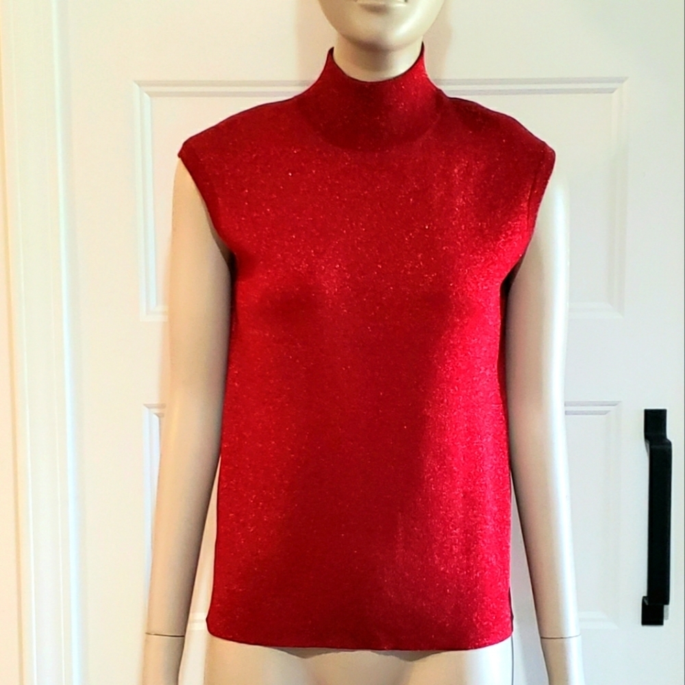 Link Silk Blend Sleeveless Knit Metallic Red Mock Neck Top Womens S Tank Blouse
